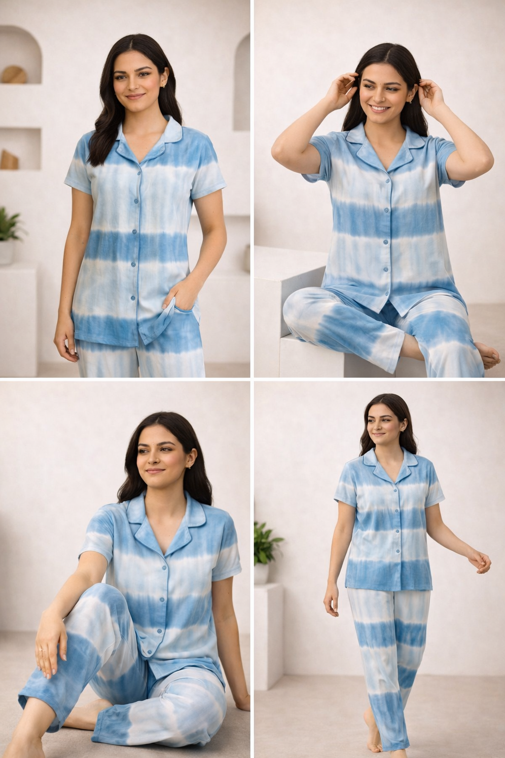 Tie & Dye Cotton Co-ords Set for Women | Soft Breathable Lounge Wear - Blue - Button up Shirt