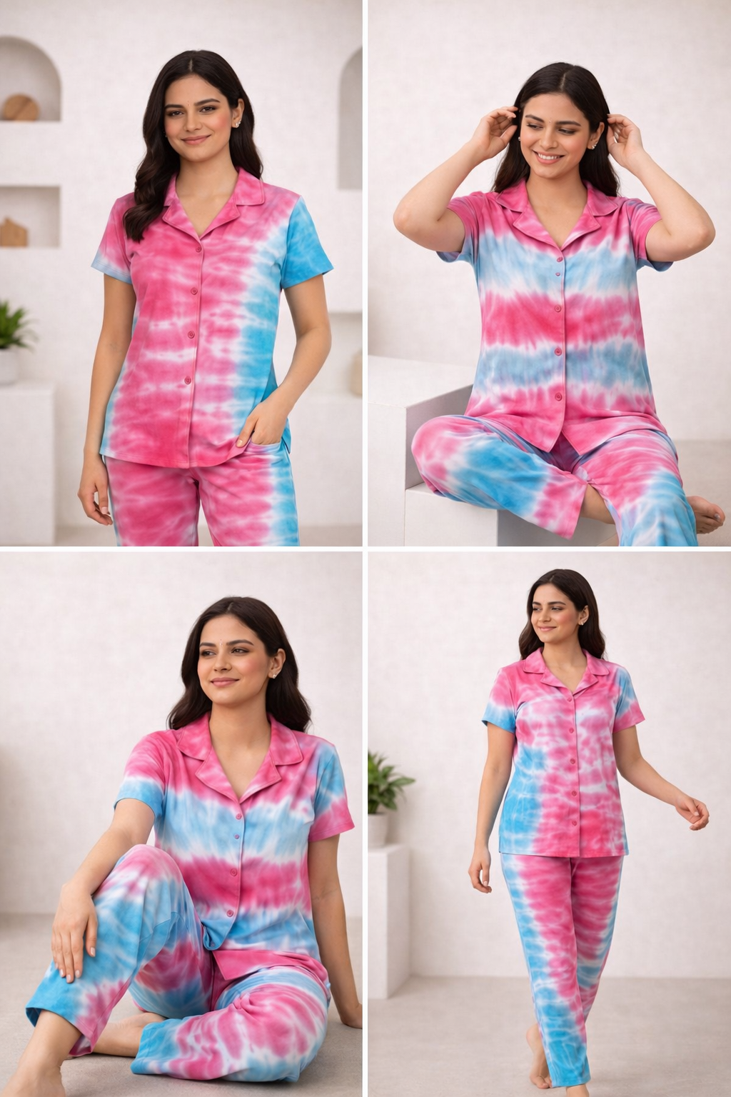 Tie & Dye Cotton Co-ords Set for Women | Soft Breathable Lounge Wear - Pink & Blue - Button up Shirt