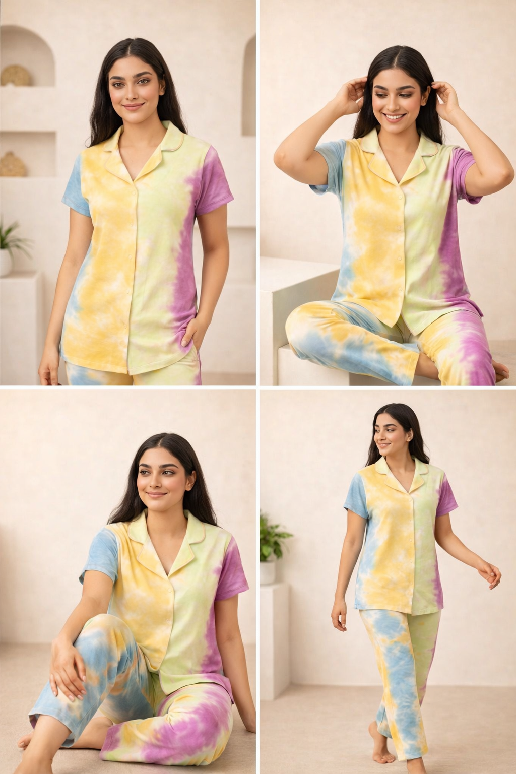 Tie & Dye Cotton Co-ords Set for Women | Soft Breathable Lounge Wear - Pastel - Button up Shirt