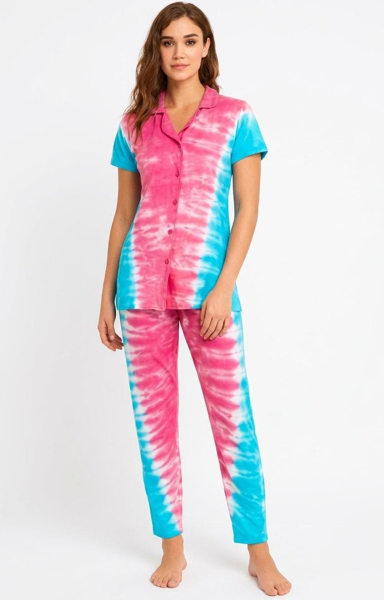 Tie & Dye Cotton Co-ords Set for Women | Soft Breathable Lounge Wear - Pink & Blue - Button up Shirt