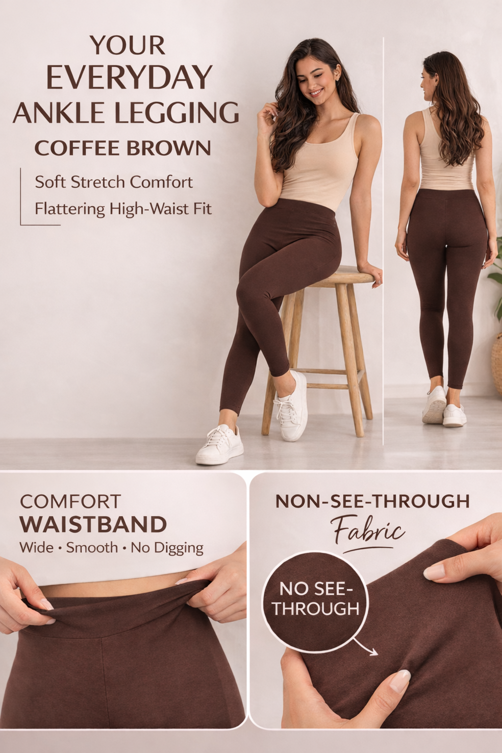 Brown ankle leggings with text highlighting features on a neutral background