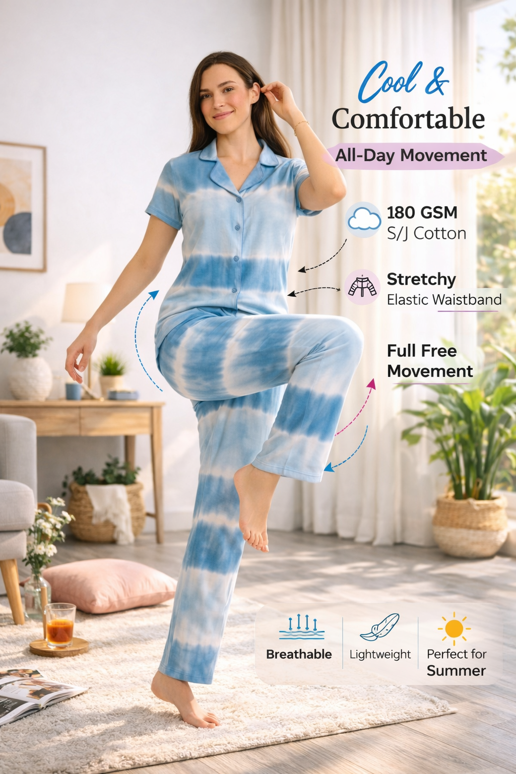 Tie & Dye Cotton Co-ords Set for Women | Soft Breathable Lounge Wear - Blue - Button up Shirt