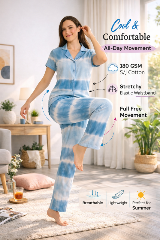 Tie & Dye Cotton Co-ords Set for Women | Soft Breathable Lounge Wear - Blue - Button up Shirt