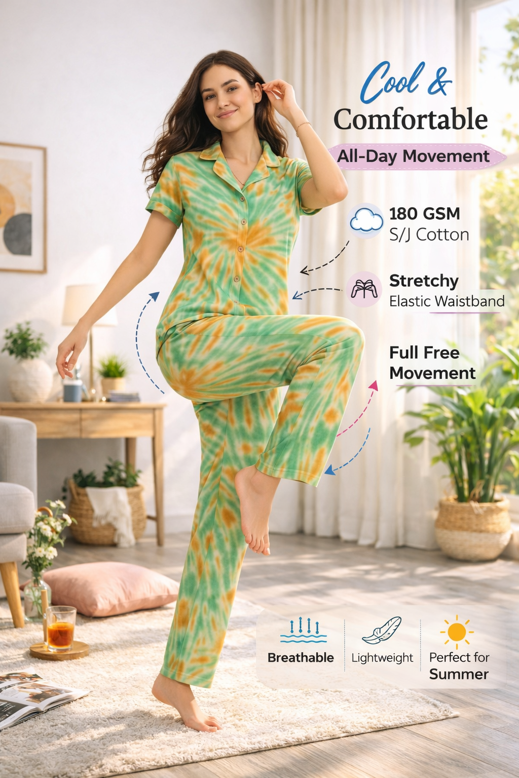Tie & Dye Cotton Co-ords Set for Women | Soft Breathable Lounge Wear - Green - Button up Shirt