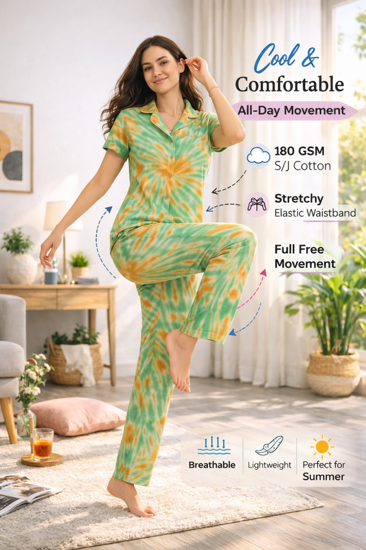 Tie & Dye Cotton Co-ords Set for Women | Soft Breathable Lounge Wear - Green - Button up Shirt