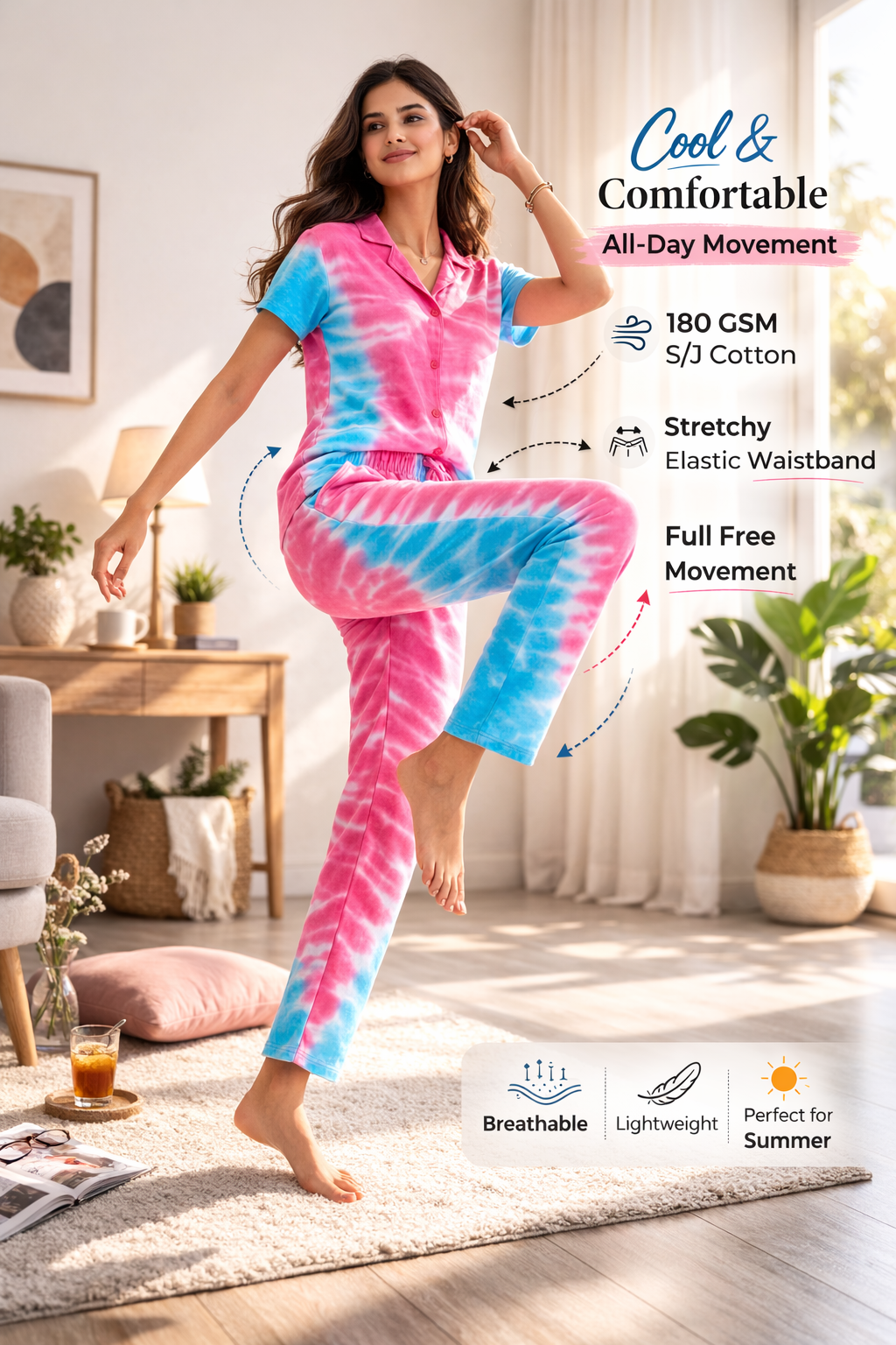 Tie & Dye Cotton Co-ords Set for Women | Soft Breathable Lounge Wear - Pink & Blue - Button up Shirt