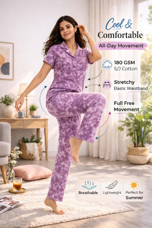 Tie & Dye Cotton Co-ords Set for Women | Soft Breathable Lounge Wear - Purple - Button up Shirt