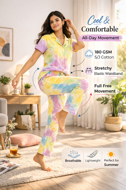 Tie & Dye Cotton Co-ords Set for Women | Soft Breathable Lounge Wear - Pastel - Button up Shirt