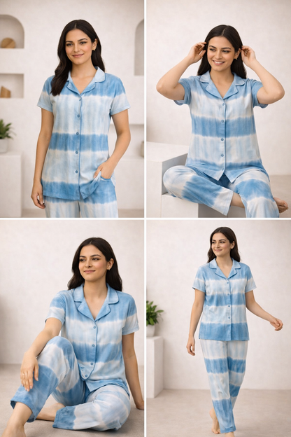 Tie & Dye Cotton Co-ords Set for Women | Soft Breathable Lounge Wear - Blue - Button up Shirt