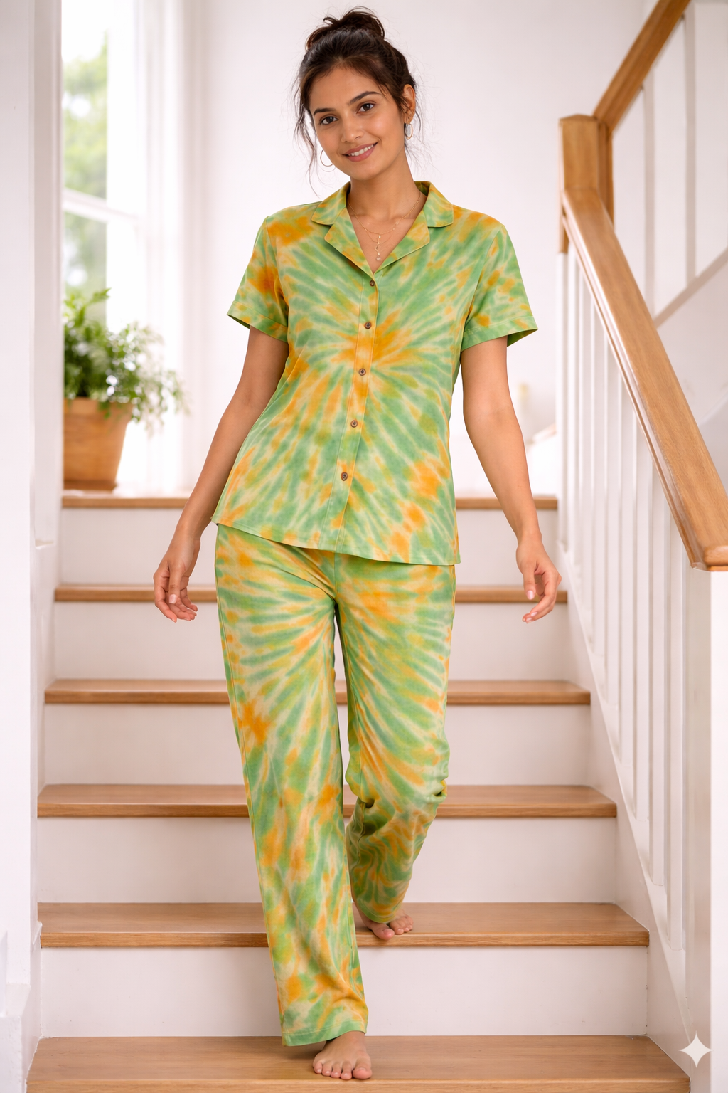 Tie & Dye Cotton Co-ords Set for Women | Soft Breathable Lounge Wear - Green - Button up Shirt