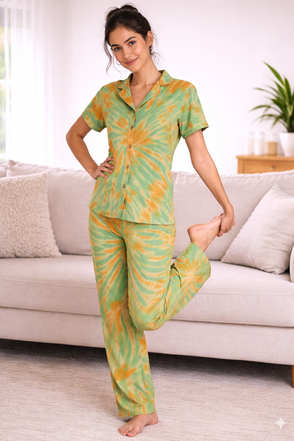 Tie & Dye Cotton Co-ords Set for Women | Soft Breathable Lounge Wear - Green - Button up Shirt