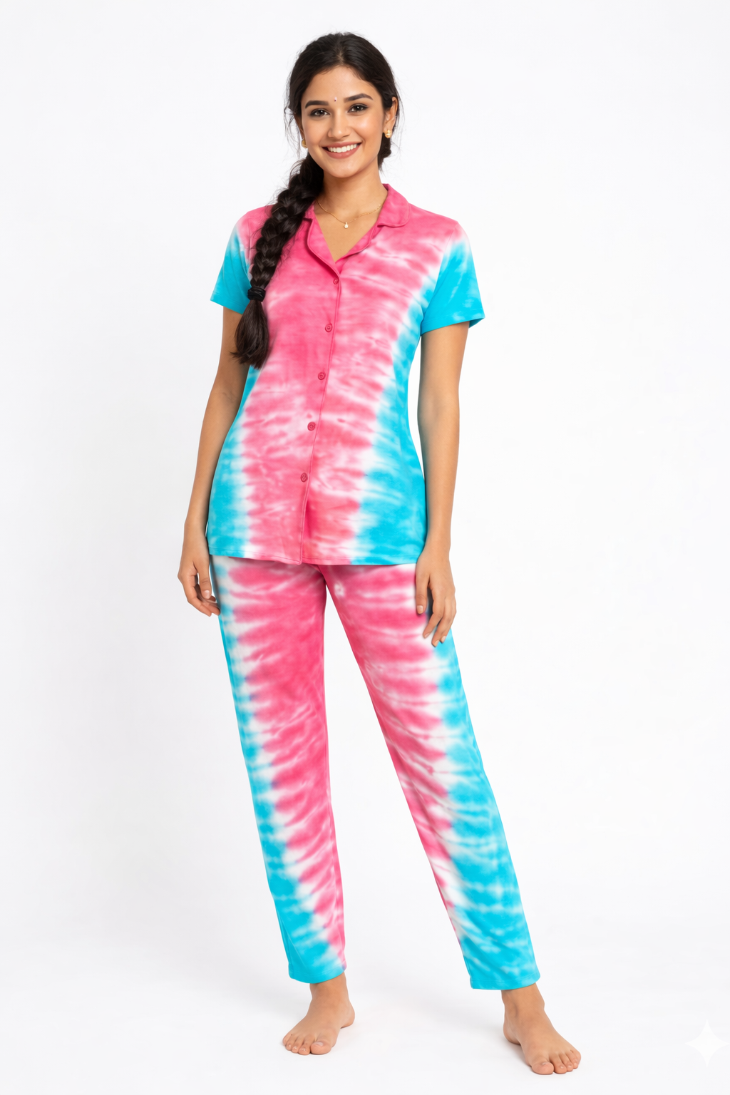 Tie & Dye Cotton Co-ords Set for Women | Soft Breathable Lounge Wear - Pink & Blue - Button up Shirt