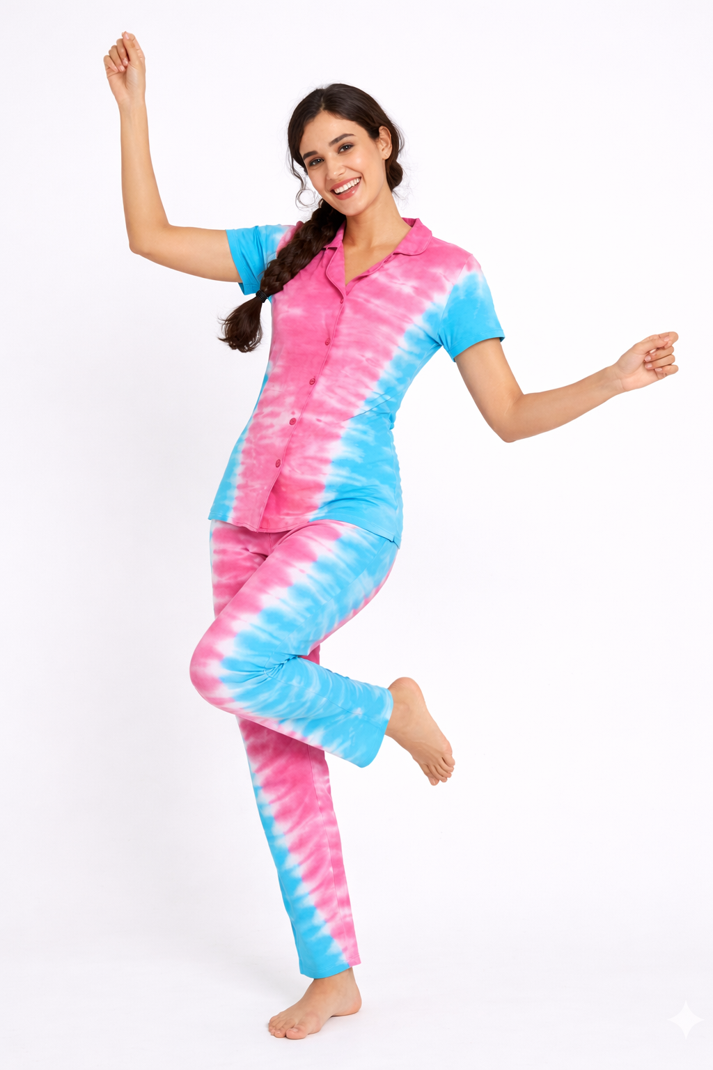 Tie & Dye Cotton Co-ords Set for Women | Soft Breathable Lounge Wear - Pink & Blue - Button up Shirt