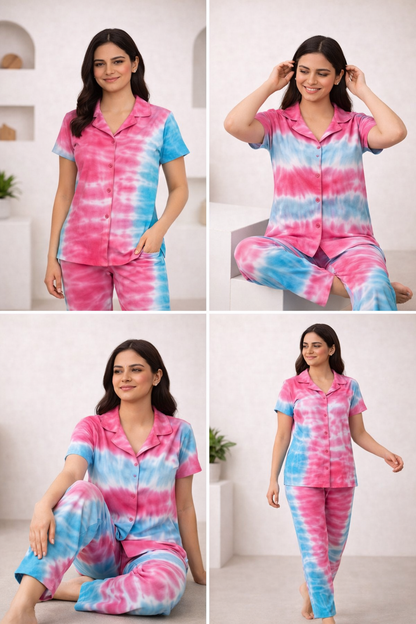 Tie & Dye Cotton Co-ords Set for Women | Soft Breathable Lounge Wear - Pink & Blue - Button up Shirt