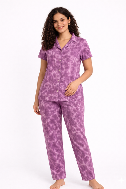 Tie & Dye Cotton Co-ords Set for Women | Soft Breathable Lounge Wear - Purple - Button up Shirt