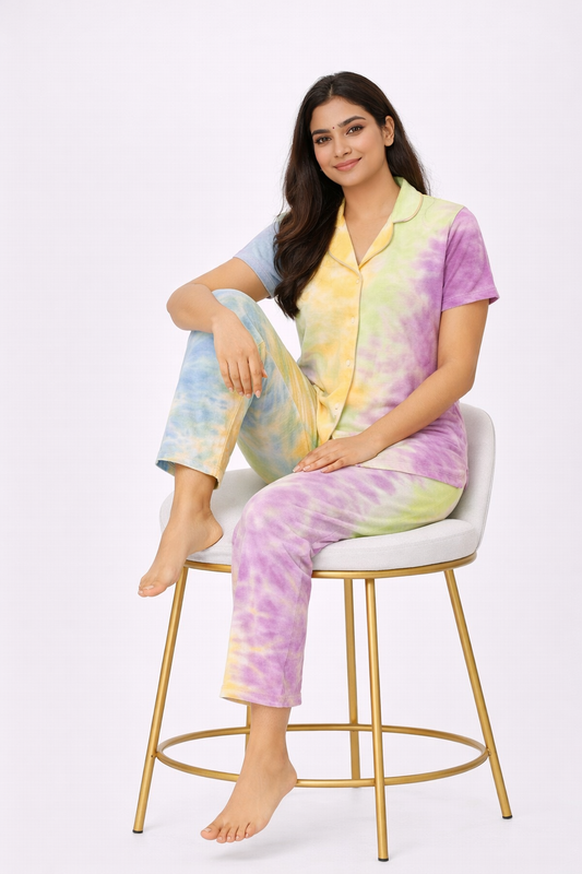 Tie & Dye Cotton Co-ords Set for Women | Soft Breathable Lounge Wear - Pastel - Button up Shirt