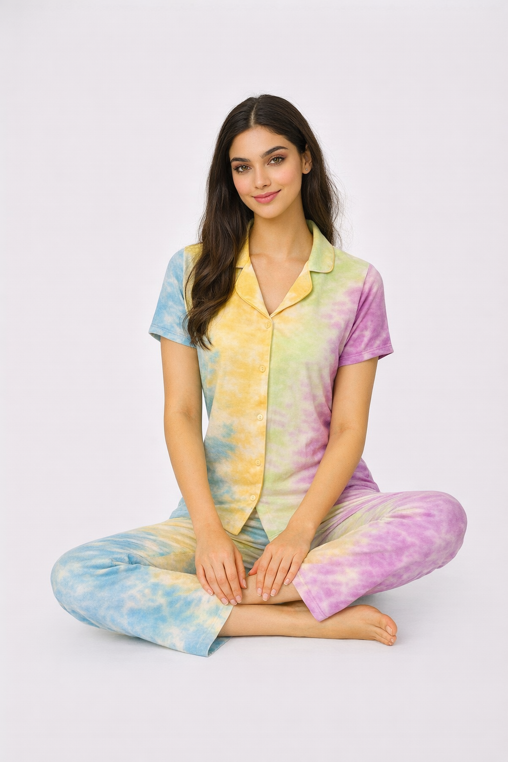 Tie & Dye Cotton Co-ords Set for Women | Soft Breathable Lounge Wear - Pastel - Button up Shirt
