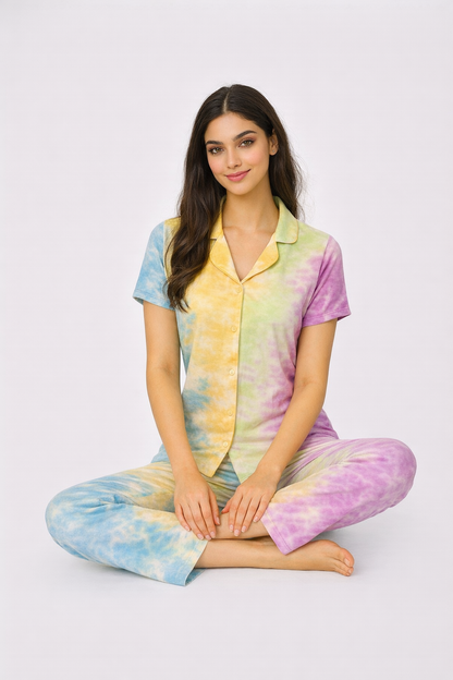 Tie & Dye Cotton Co-ords Set for Women | Soft Breathable Lounge Wear - Pastel - Button up Shirt