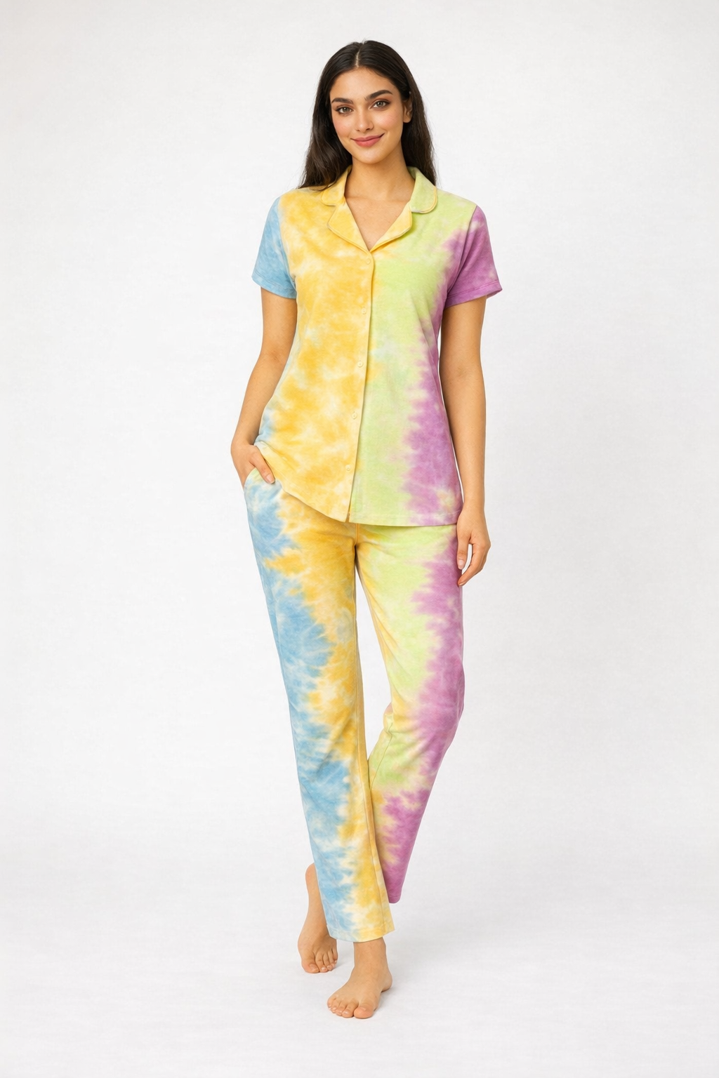 Tie & Dye Cotton Co-ords Set for Women | Soft Breathable Lounge Wear - Pastel - Button up Shirt