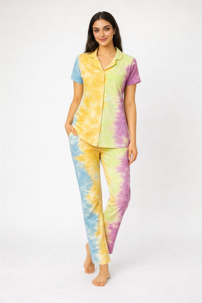 Tie & Dye Cotton Co-ords Set for Women | Soft Breathable Lounge Wear - Pastel - Button up Shirt