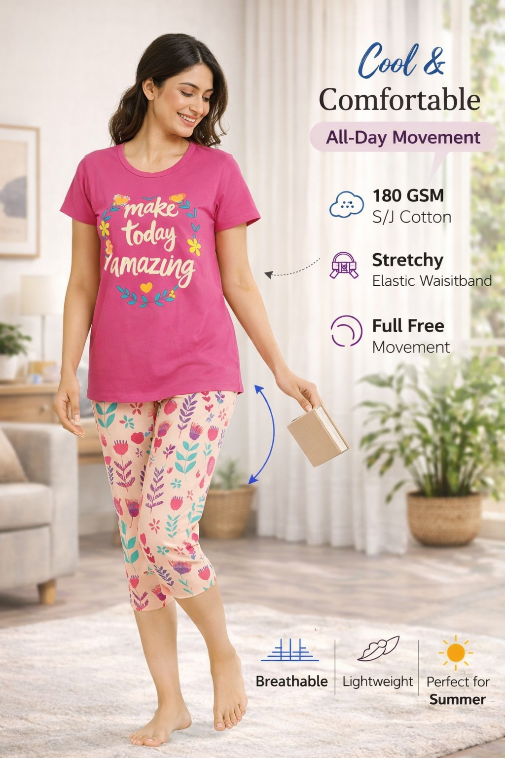 Women's Loungewear Capri Pant Set - Rose Pink