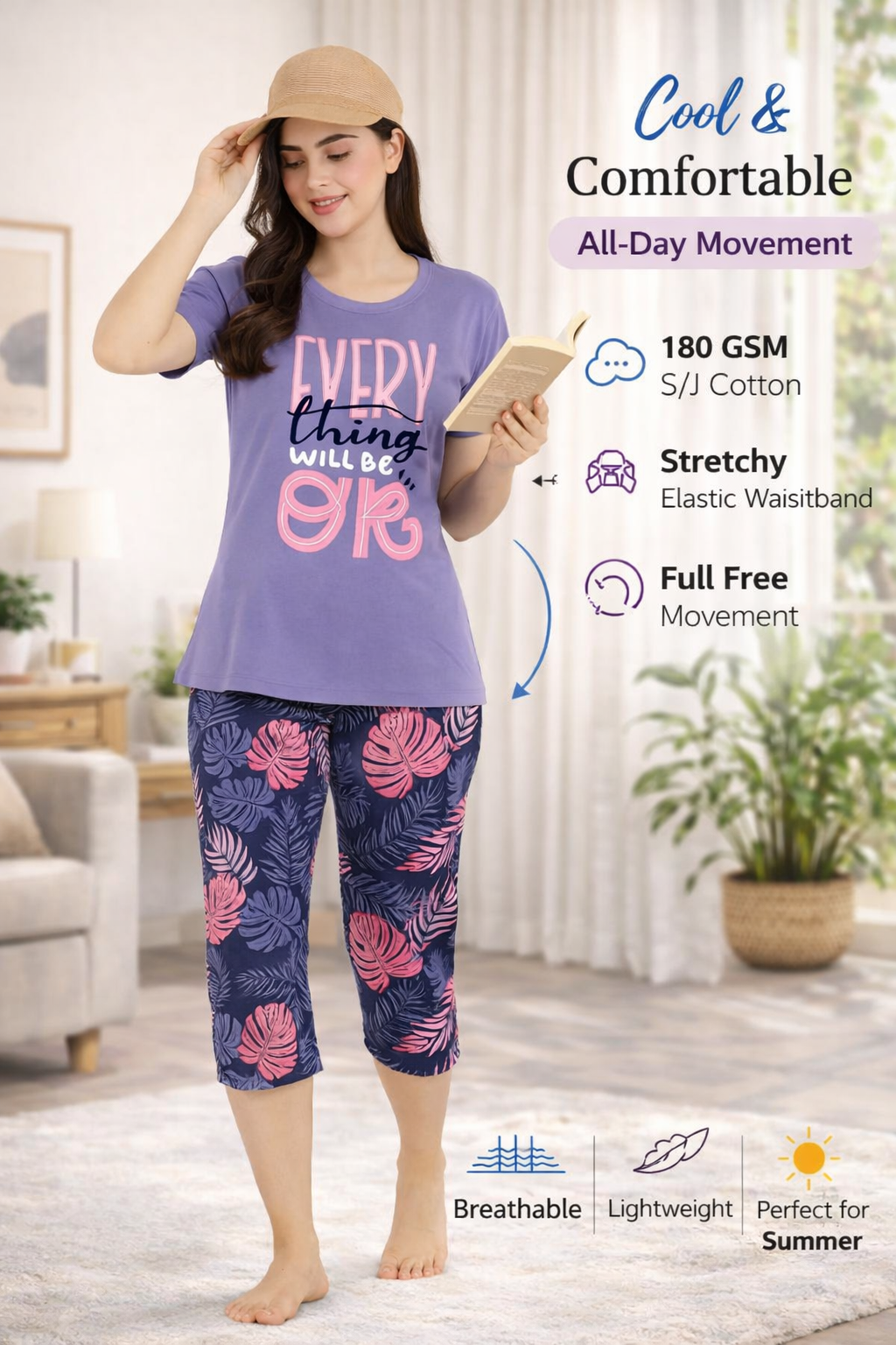 Women's Loungewear Capri Pant Set - Purple