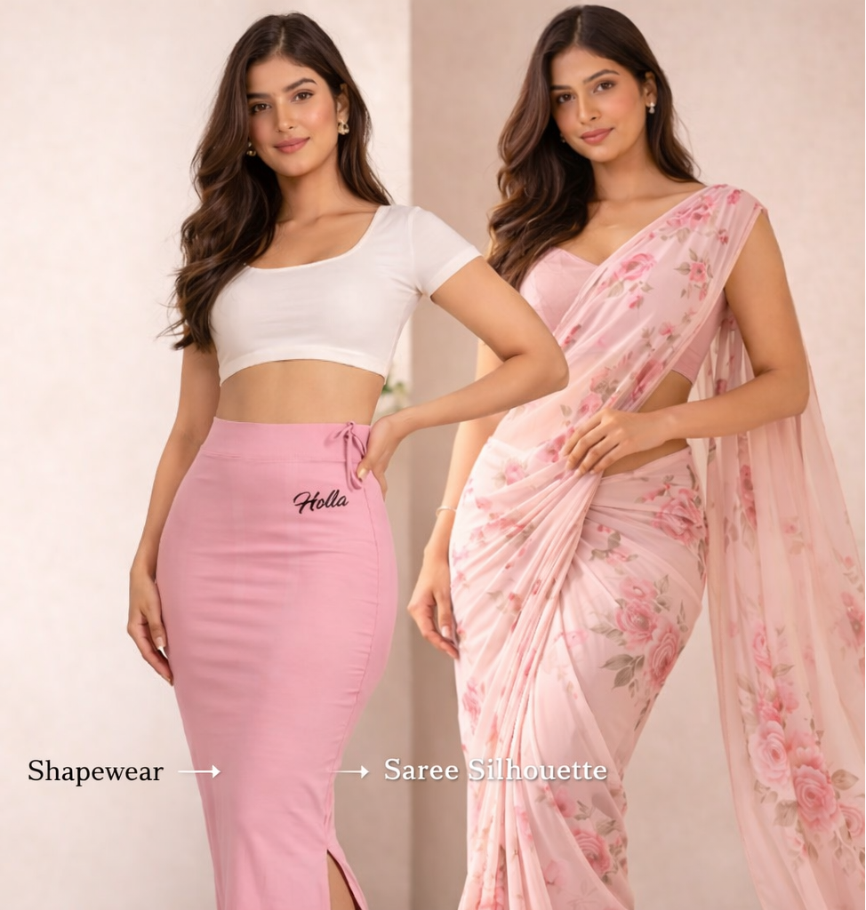 Two women modeling a pink shapewear garment and a floral saree.