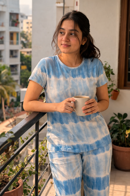 Women's Tie & Dye Loungewear Set - Blue Round Neck