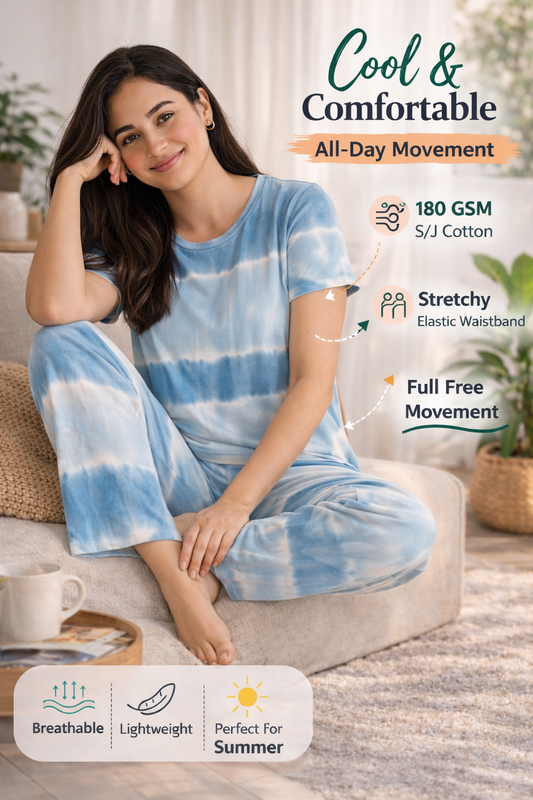 Women's Tie & Dye Loungewear Set - Blue Round Neck
