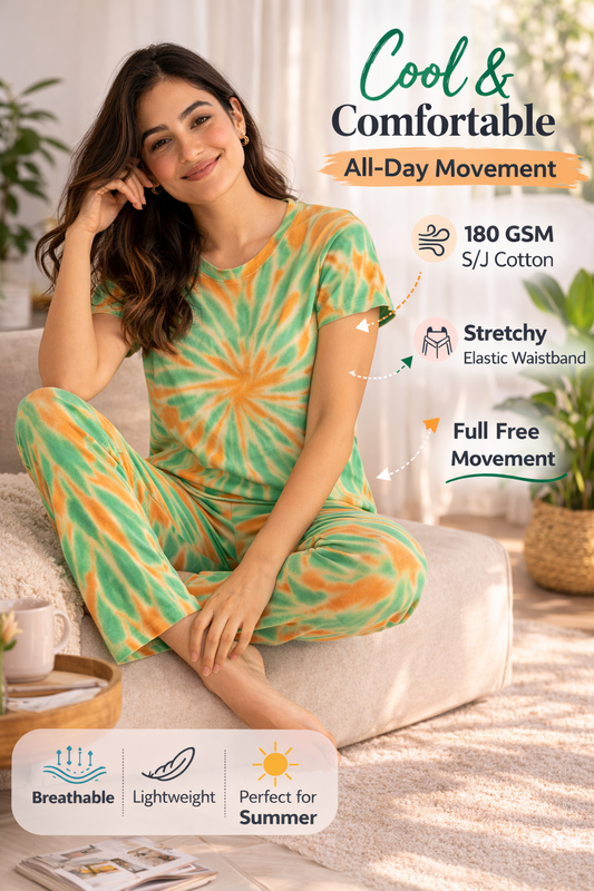 Women's Tie & Dye Loungewear Set - Green Round Neck