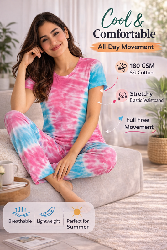 Women's Tie & Dye Loungewear Set - Pink Round Neck