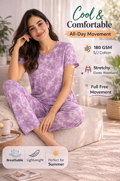 Women's Tie & Dye Loungewear Set - Purple Round Neck