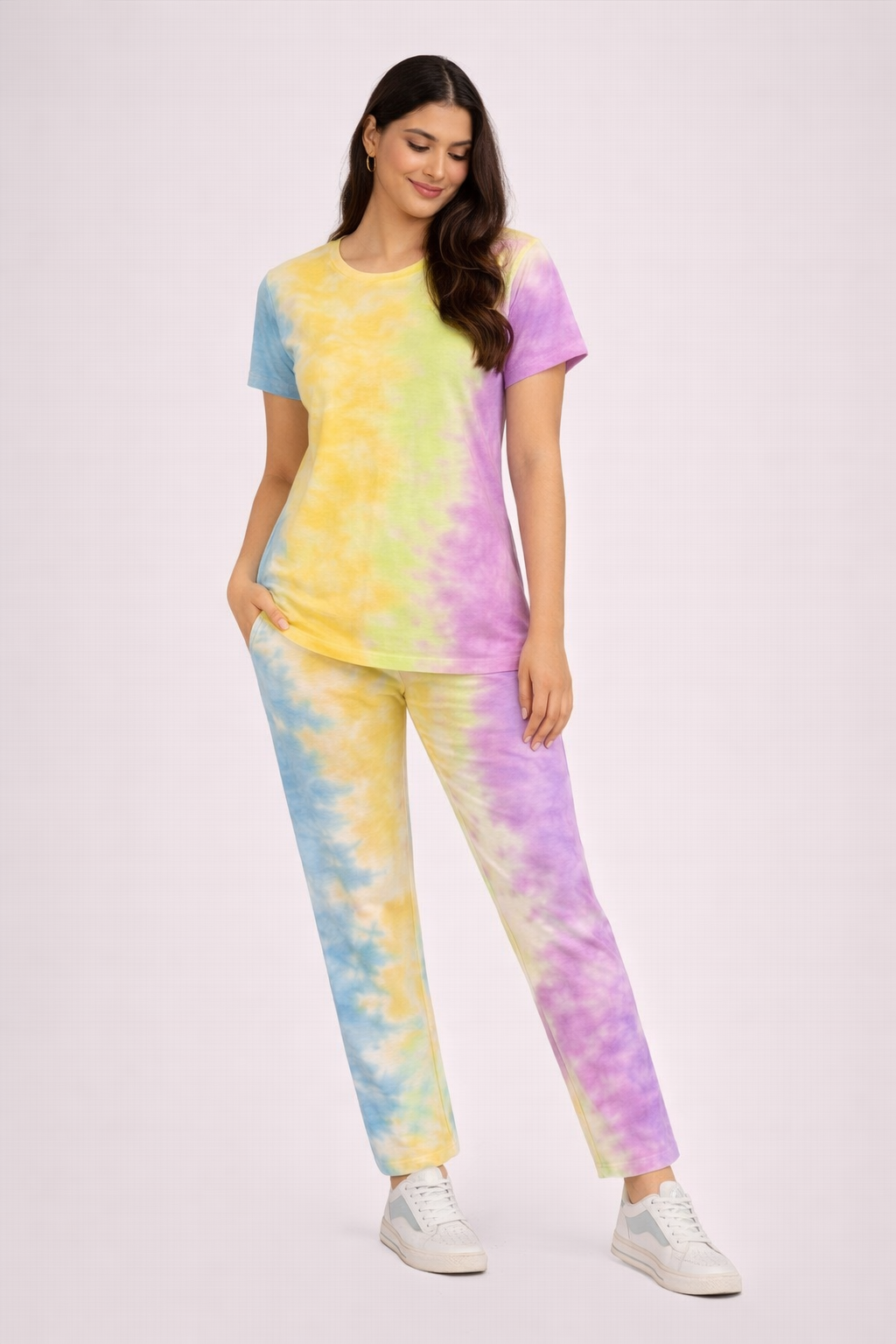 Women's Tie & Dye Loungewear Set - Yellow Round Neck