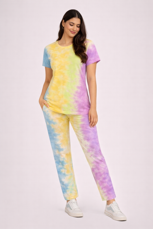 Women's Tie & Dye Loungewear Set - Yellow Round Neck