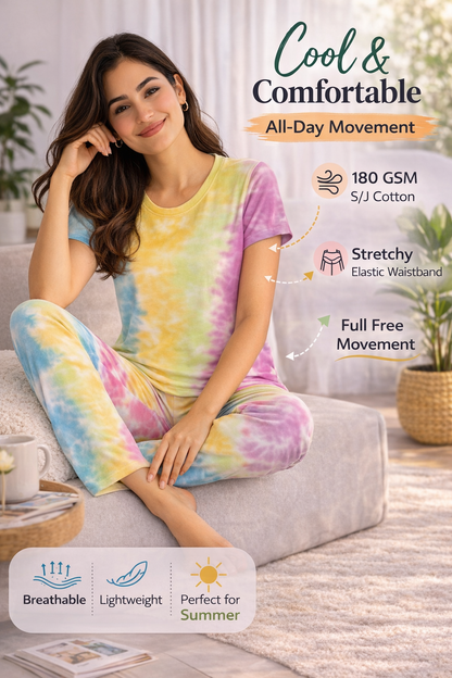 Women's Tie & Dye Loungewear Set - Yellow Round Neck