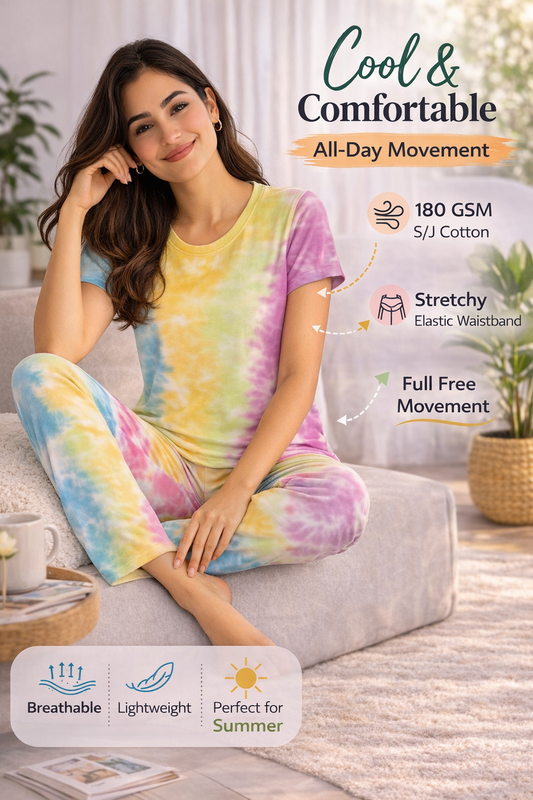 Women's Tie & Dye Loungewear Set - Yellow Round Neck