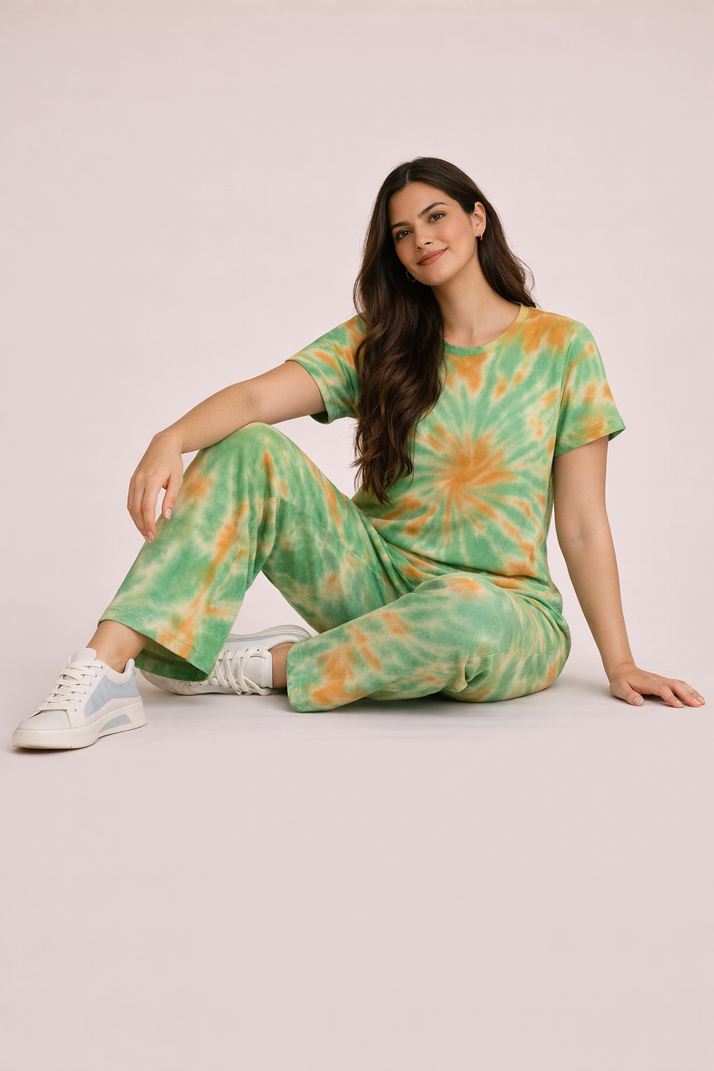 Women's Tie & Dye Loungewear Set - Green Round Neck