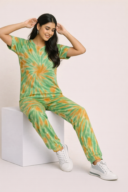 Women's Tie & Dye Loungewear Set - Green Round Neck