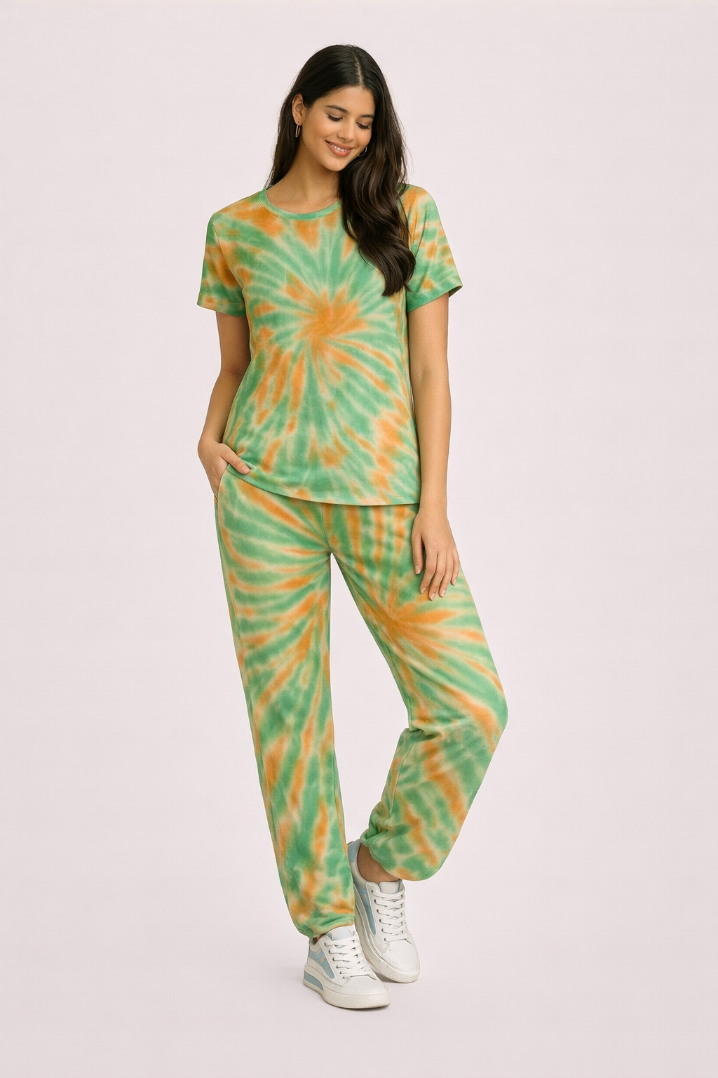 Women's Tie & Dye Loungewear Set - Green Round Neck