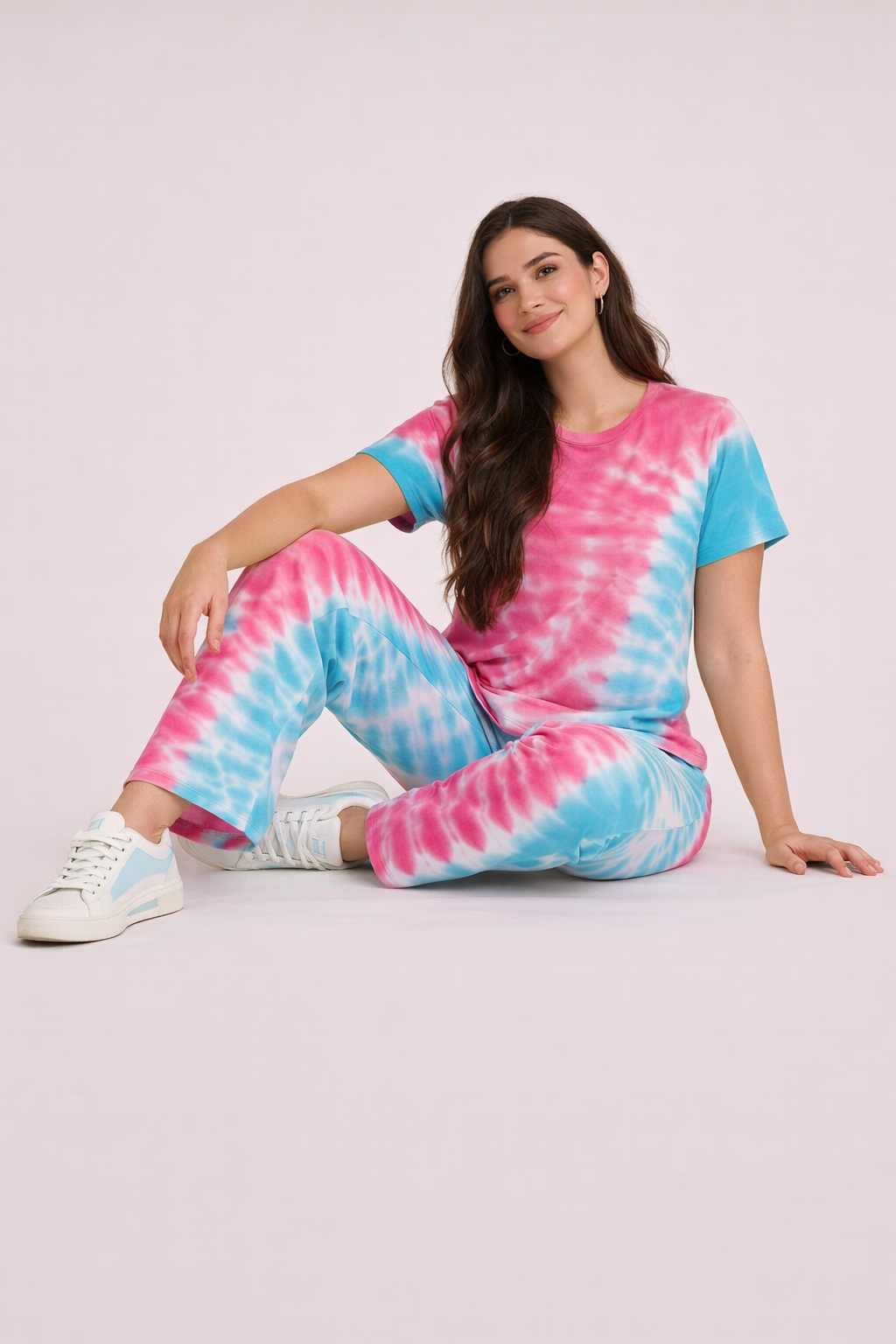 Women's Tie & Dye Loungewear Set - Pink Round Neck