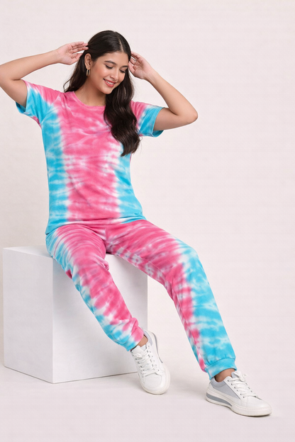 Women's Tie & Dye Loungewear Set - Pink Round Neck