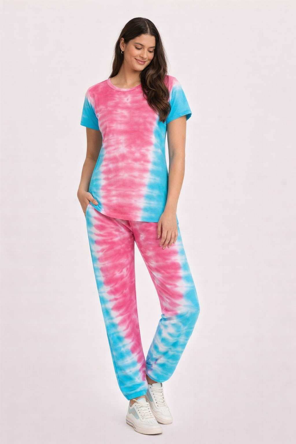 Women's Tie & Dye Loungewear Set - Pink Round Neck
