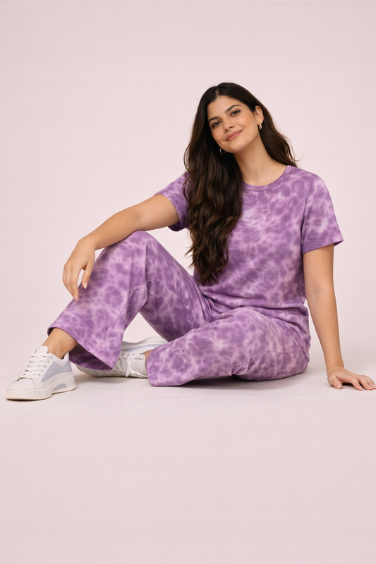 Women's Tie & Dye Loungewear Set - Purple Round Neck