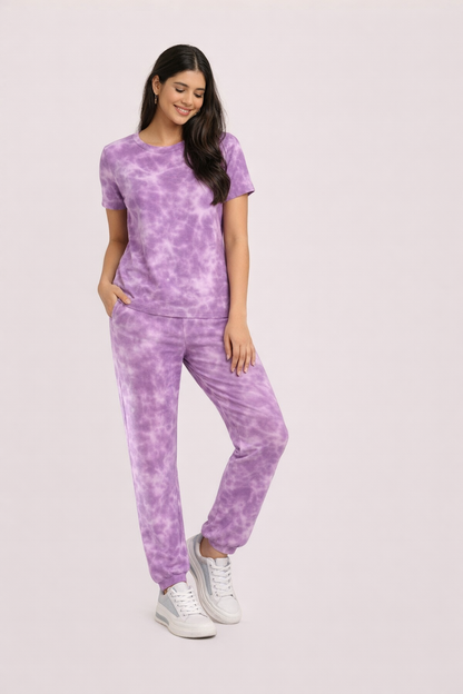 Women's Tie & Dye Loungewear Set - Purple Round Neck
