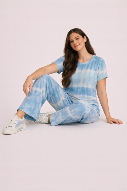 Women's Tie & Dye Loungewear Set - Blue Round Neck